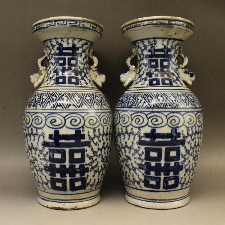 Jingdezhen Porcelain Vase – Shuang Xi Flower (Pair) – Blue-White Handles - Chinese style vase wall art