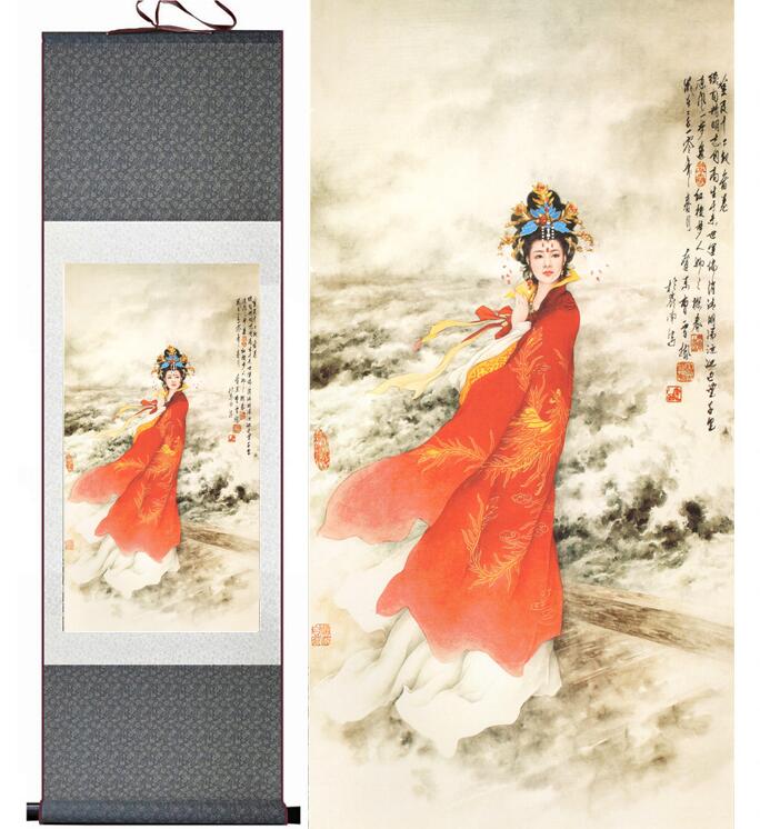 A Dream Red Mansions Jiatanchun Chinese Scroll Painting – Silk Wall Art – Phoenix Beauty, featuring beauty, phoenix