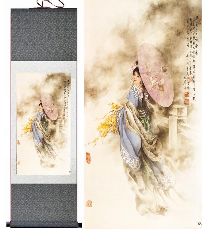 A Dream Red Mansions Jiayingchun Chinese Scroll Painting – Silk Wall Art – Parasol Willow, featuring beauty, parasol, bridge