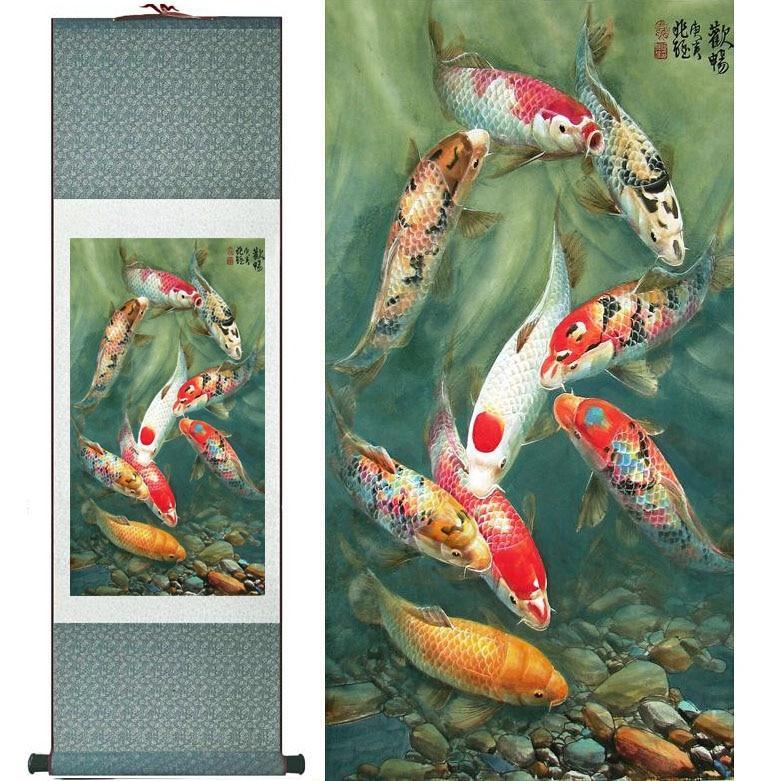 Fish Chinese Scroll Painting – Silk Wall Art – Koi Water - Chinese style scroll wall art
