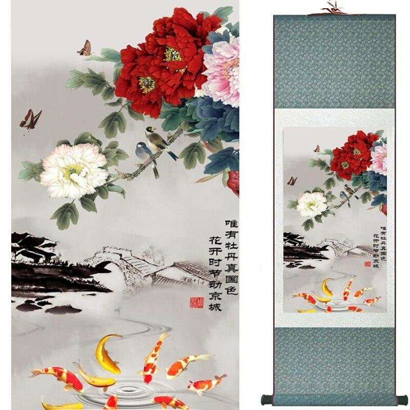 Fish Chinese Scroll Painting – Silk Wall Art – Butterflies Koi, featuring koi, peony, birds
