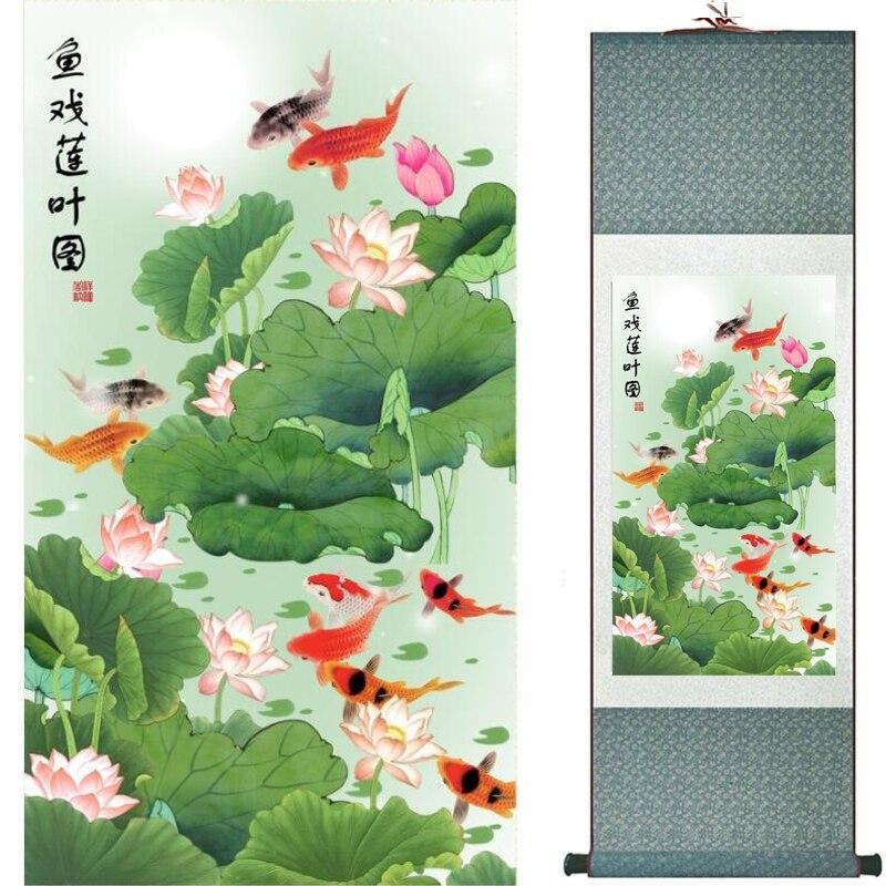 Fish Chinese Scroll Painting – Silk Wall Art – Lotus Leaves Koi, featuring koi, lotus, lotus leaves