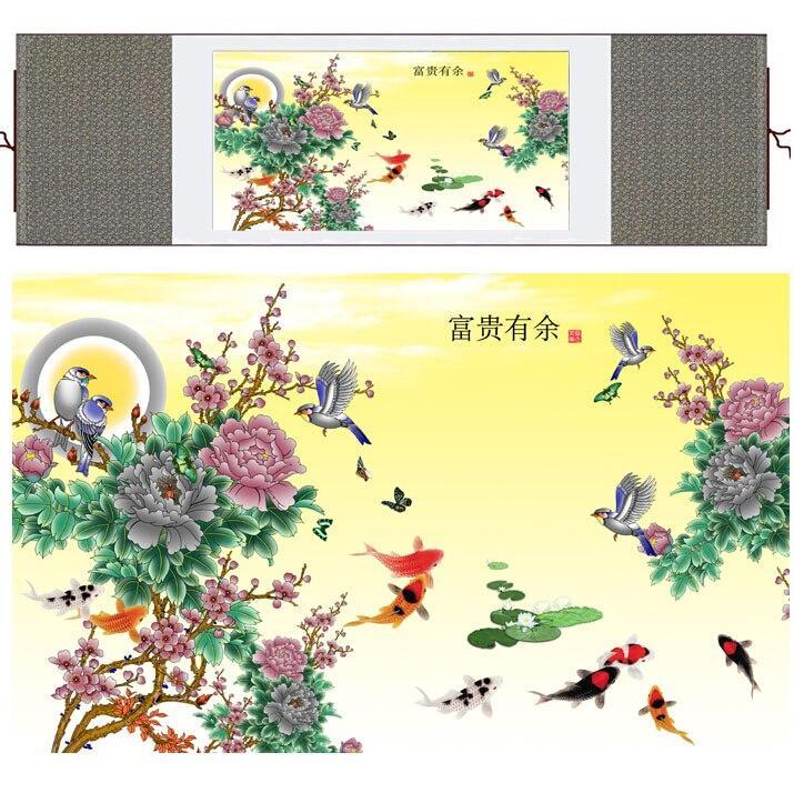 Fish Chinese Scroll Painting – Silk Wall Art – Koi Birds, featuring koi, birds, peony