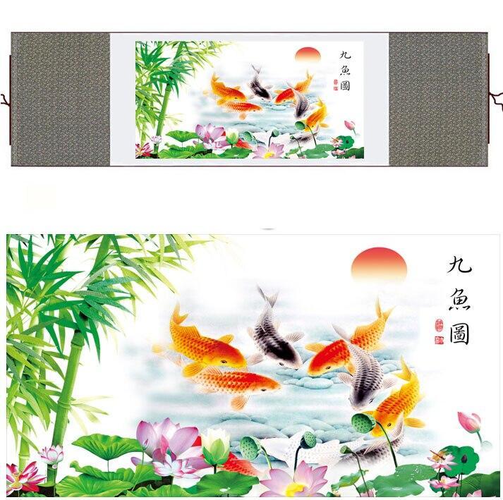 Fish Chinese Scroll Painting – Silk Wall Art – Lotus Flower Koi, featuring koi, lotus flower, bamboo