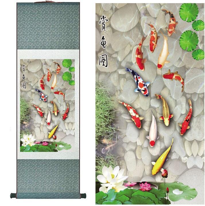 Fish Chinese Scroll Painting – Silk Wall Art – Lily Pads Koi, featuring koi, lotus, lily pads