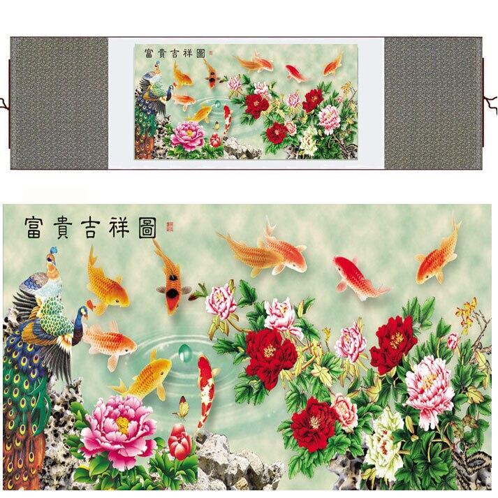 Fish and Flower Chinese Scroll Painting – Silk Wall Art – Peacock Koi, featuring koi, peacock, peony