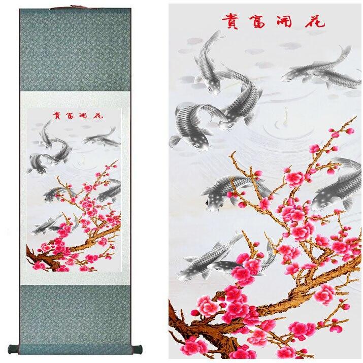 Fish and Flower Chinese Scroll Painting – Silk Wall Art – Koi Plum Blossom, featuring koi, plum blossom, ink wash