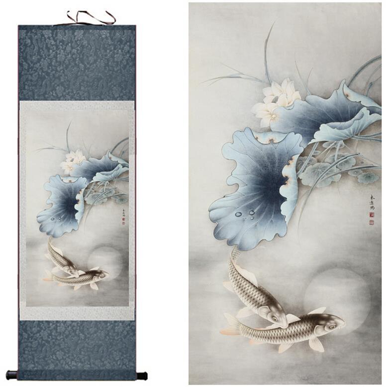 Fish and Water Lily Chinese Scroll Painting – Silk Wall Art – Carp Lotus Leaf, featuring carp, lotus leaf, ink wash