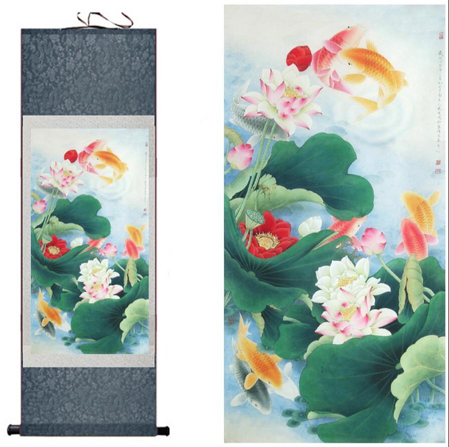 Fish Playing in Water Chinese Scroll Painting – Silk Wall Art – Koi Lotus - Chinese style scroll wall art