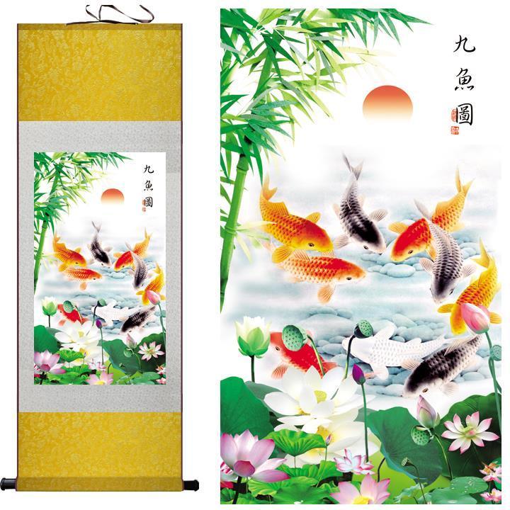 Fish Swimming in Water Chinese Scroll Painting – Silk Wall Art – Sun Koi - Chinese style scroll wall art