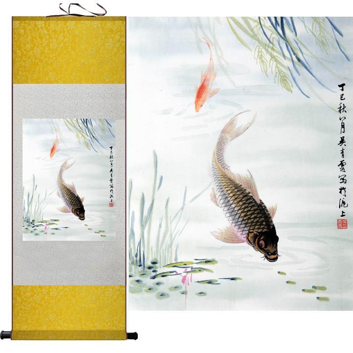 Fish Swimming in Water Chinese Scroll Painting – Silk Wall Art – Reed Carp - Chinese style scroll wall art