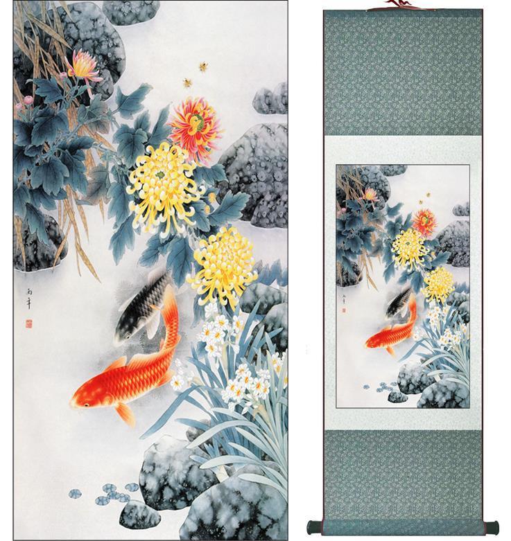 Autumn Fish in Pond Chinese Scroll Painting – Silk Wall Art – Chrysanthemum Rocks - Chinese style scroll wall art