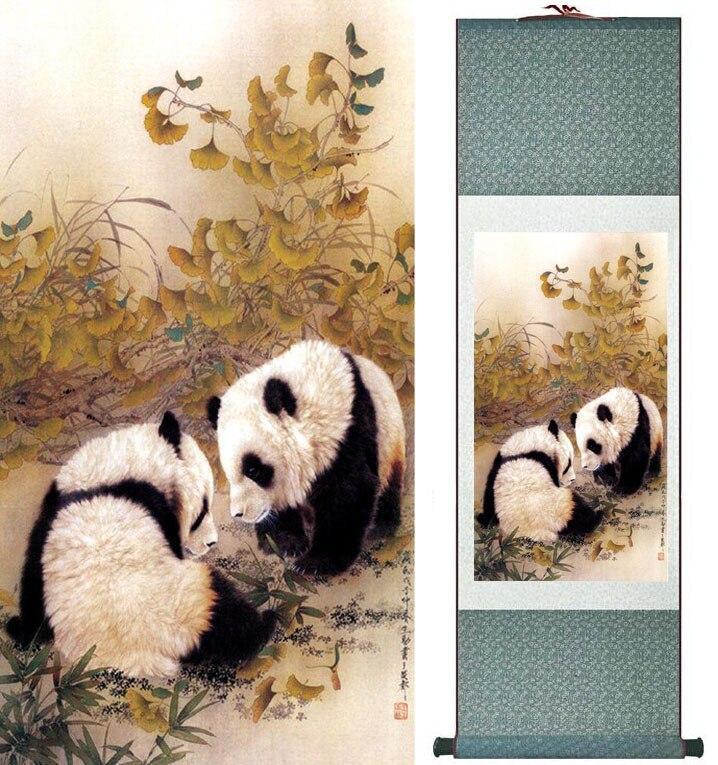 Panda Chinese Scroll Painting – Silk Wall Art – Ginkgo Bamboo - Chinese style scroll wall art