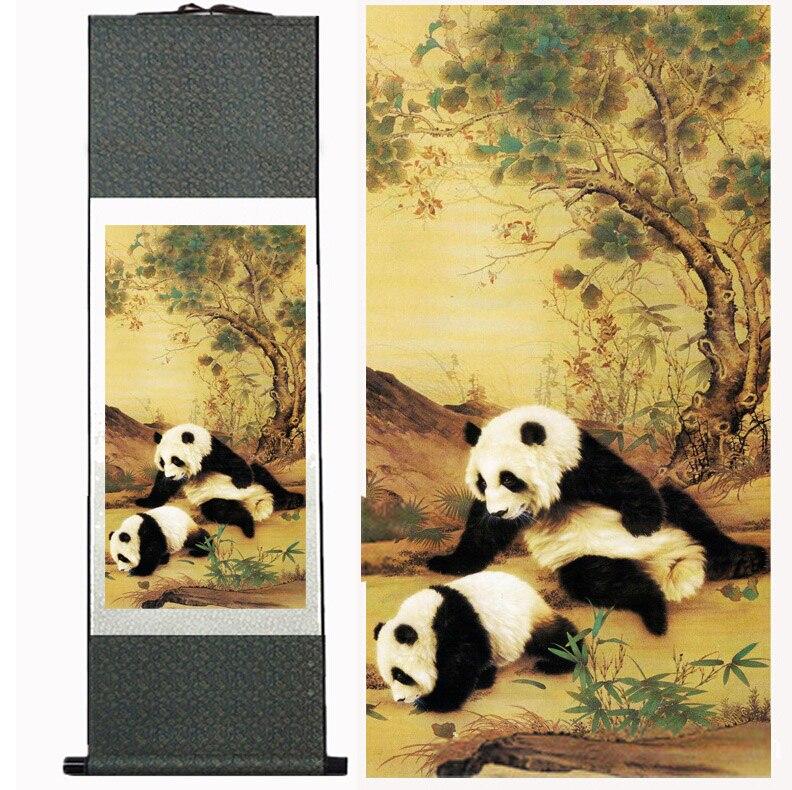 Panda Chinese Scroll Painting – Silk Wall Art – Tree Bamboo Mountains - Chinese style scroll wall art