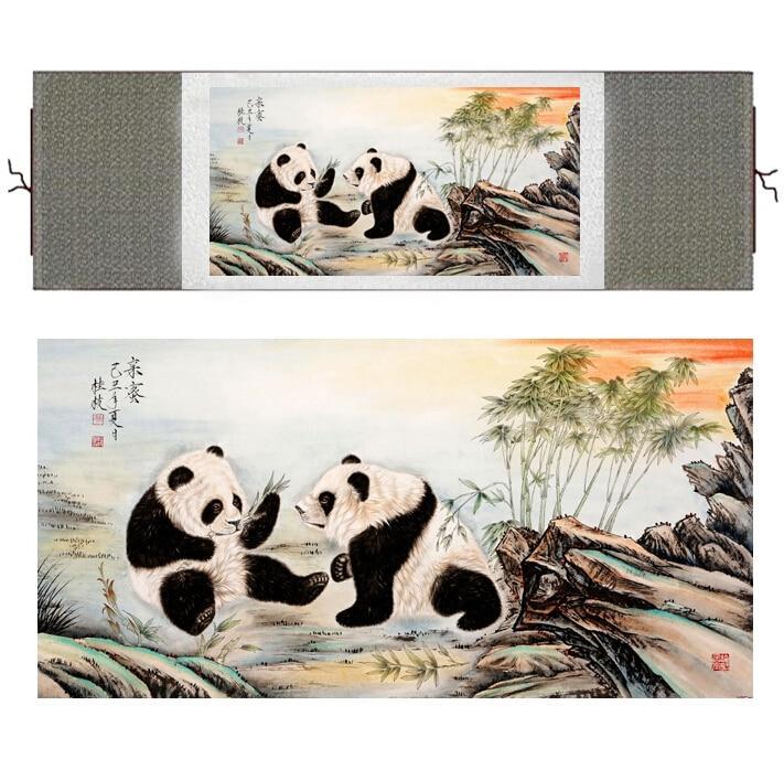 Panda Chinese Scroll Painting – Silk Wall Art – Sunset Bamboo, featuring bamboo, sunset, colorful