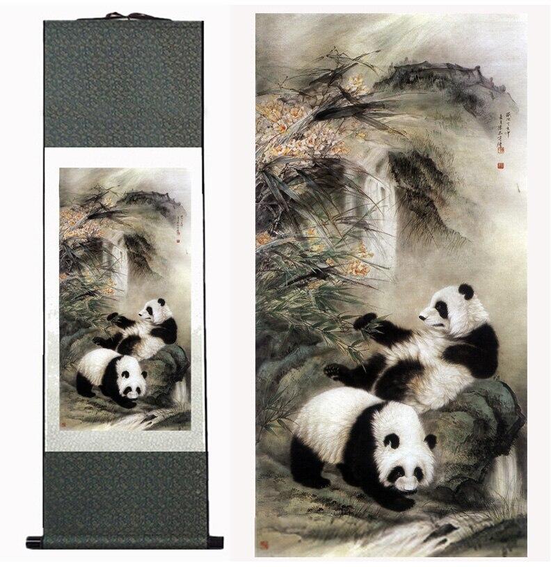Panda Chinese Scroll Painting – Silk Wall Art – Bamboo Ink Wash, featuring bamboo, ink wash