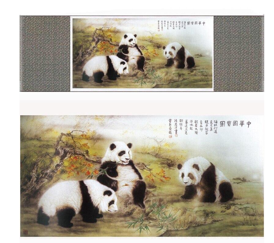 Panda Chinese Scroll Painting – Silk Wall Art – Bamboo Colorful, featuring bamboo, colorful