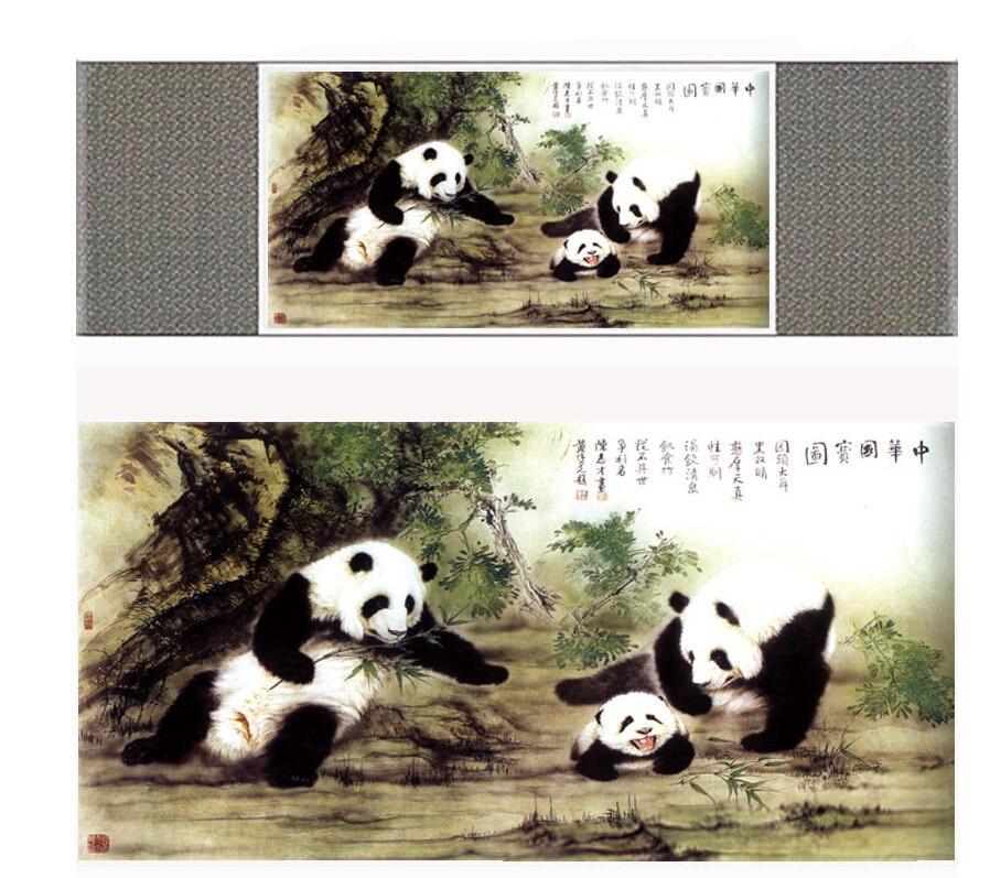 Panda Chinese Scroll Painting – Silk Wall Art – Colorful Bamboo, featuring bamboo, colorful