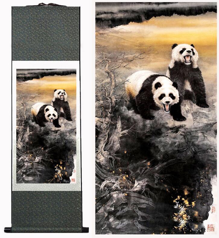 Panda Chinese Scroll Painting – Silk Wall Art – Cliffs Sunset, featuring cliffs, rocks, sunset
