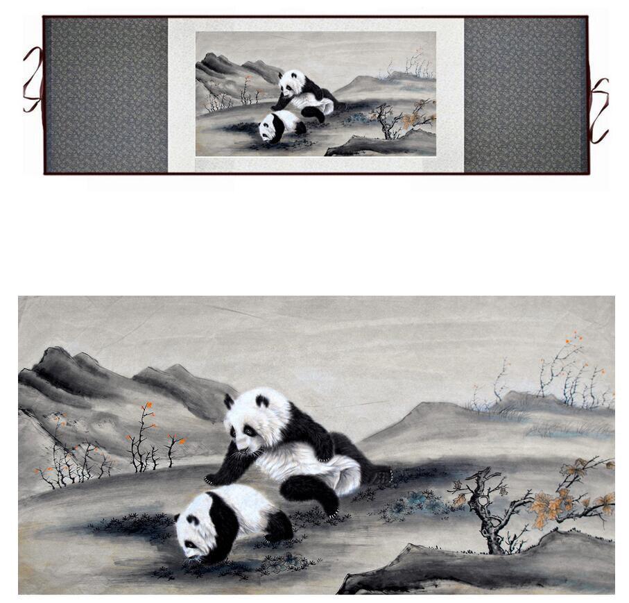 Panda Chinese scroll painting with mountain and ink wash