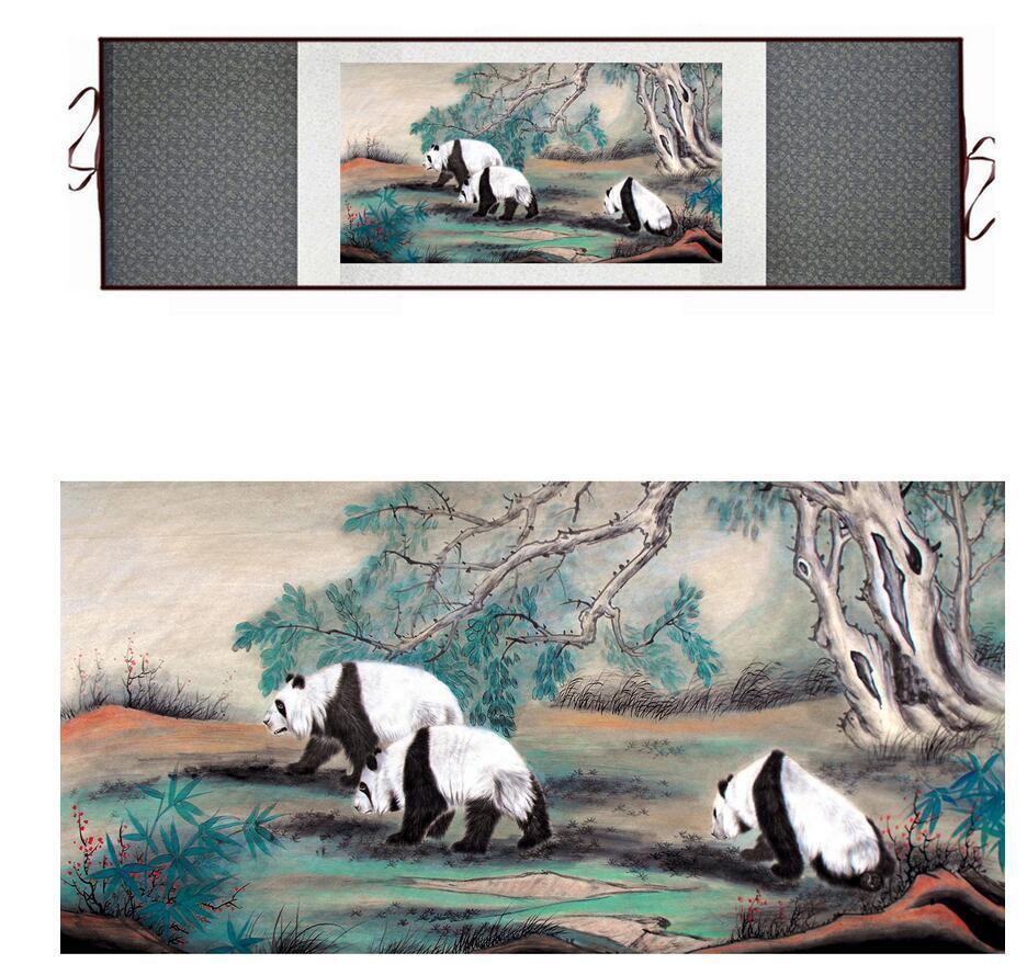 Panda Chinese scroll painting with bamboo and tree
