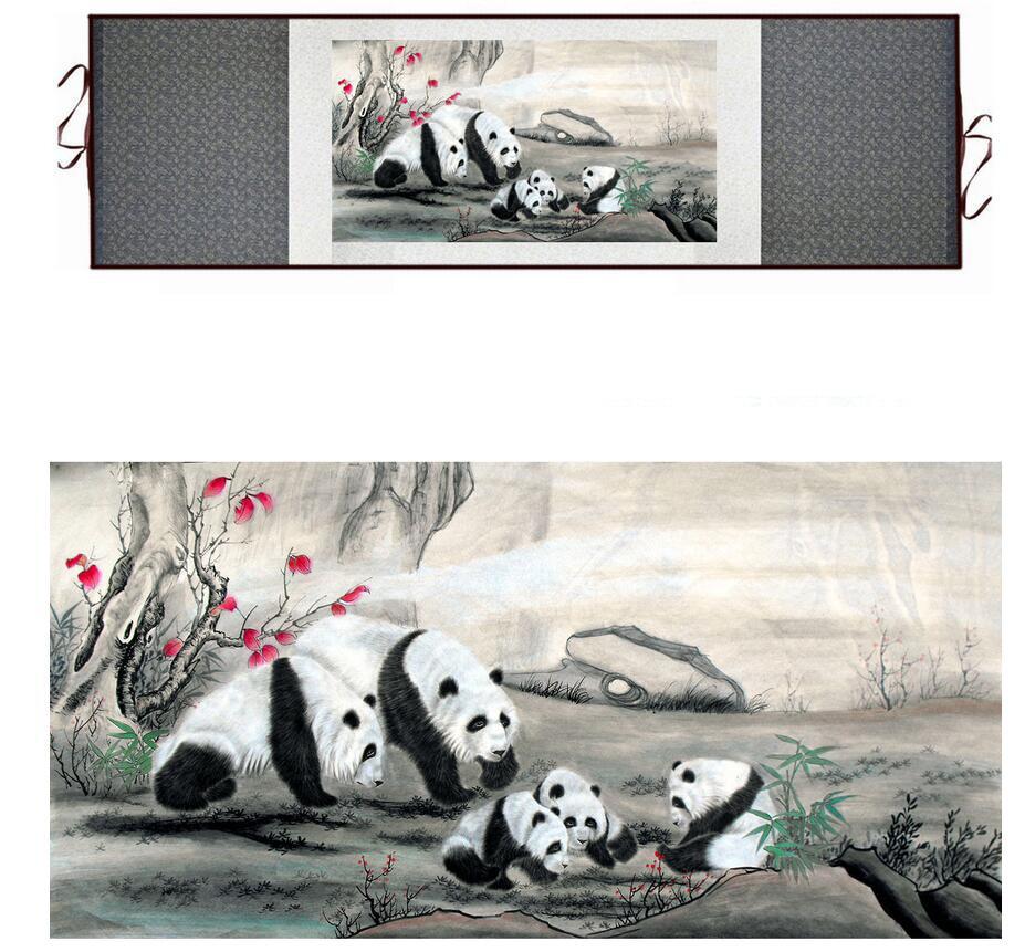 Panda Chinese scroll painting with panda cub and bamboo