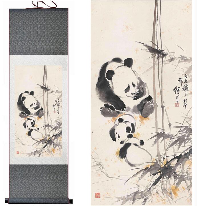 Panda Chinese scroll painting with bamboo and ink wash