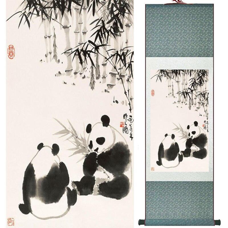 Panda Chinese scroll painting: two pandas, eating bamboo, bamboo