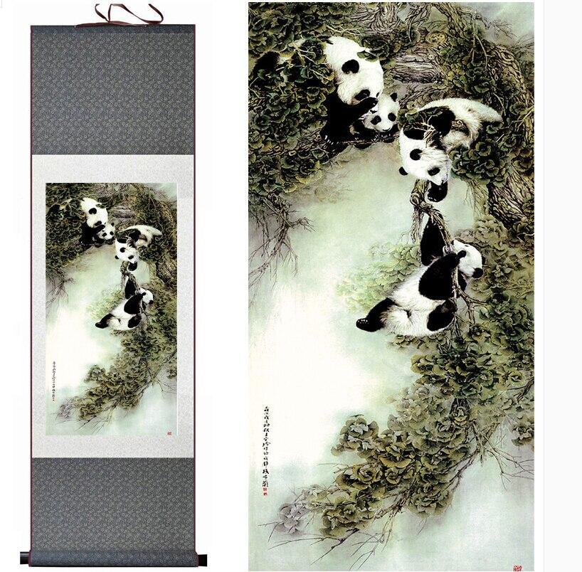 Pandas Chinese Scroll Painting – Silk Wall Art – Green Foliage Branches - Chinese style scroll wall art