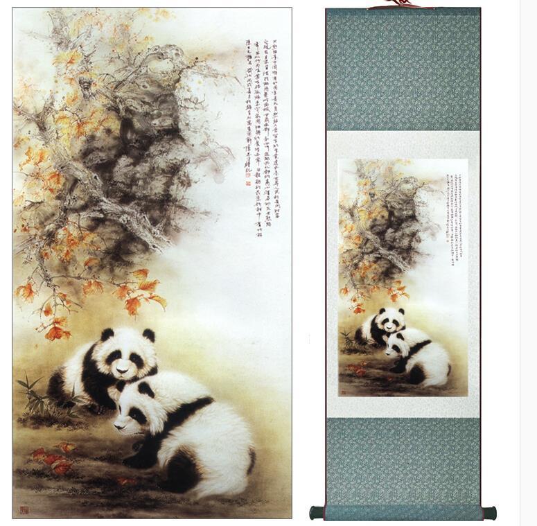 Pandas Chinese Scroll Painting – Silk Wall Art – Autumn Leaves Maple - Chinese style scroll wall art