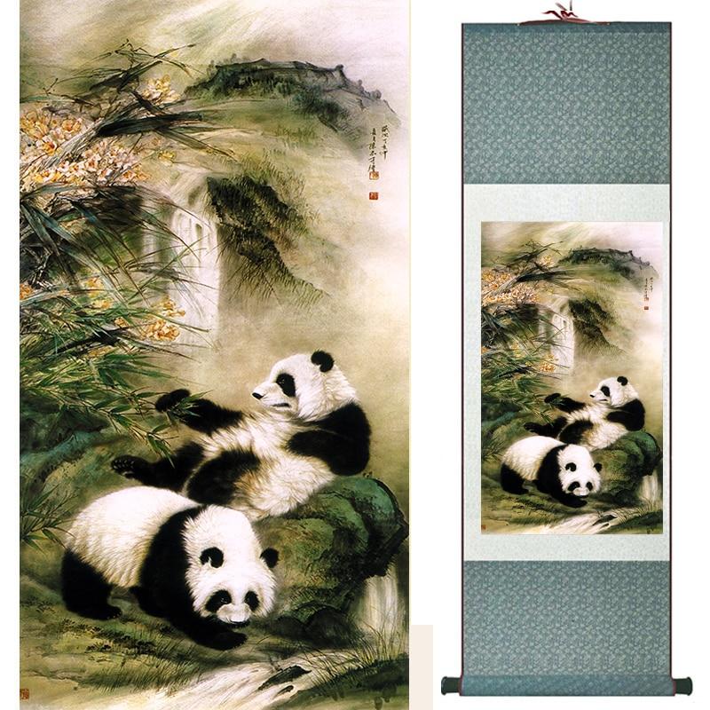 Bamboo Waterfall Chinese panda painting on silk