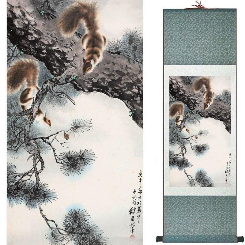 Painting Chinese scroll painting: squirrels, pine