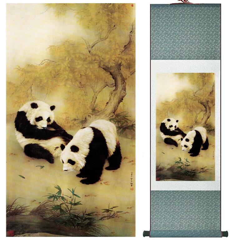 Two Pandas Chinese Scroll Painting – Silk Wall Art – Grass Tree - Chinese style scroll wall art