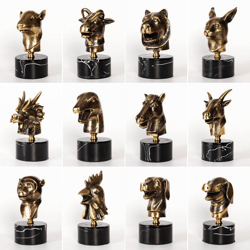 12 Chinese Zodiac Animals Metal Copper Decoration – Black Marble Bases Golden Finish — zodiac animal head busts, black