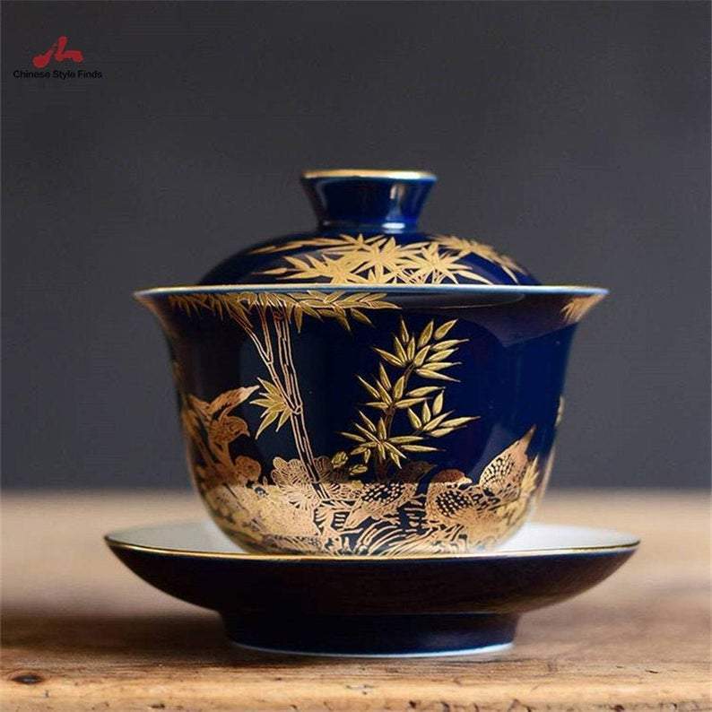 Jingdezhen Porcelain Tea Cup 150ml – Blue Enamel – Gold Bamboo Bird — gaiwan, gold bamboo, gold bird