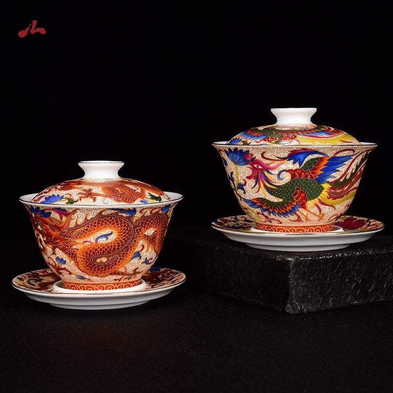 Traditional Chinese tea set, Jingdezhen handmade porcelain tea  cup, Gaiwan Kung Fu tea bowl with lid and plate -5oz/150ml (D4): Tea Sets