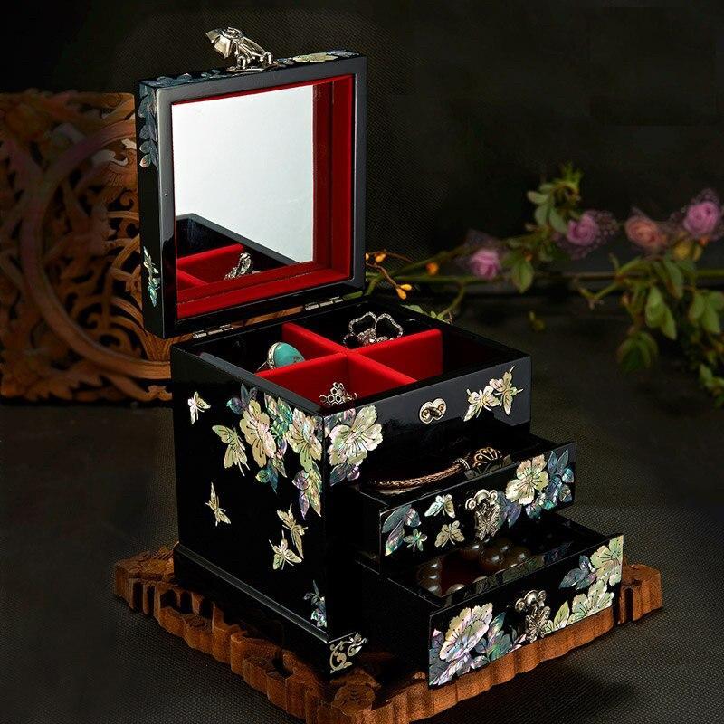 Handmade Abalone Shell Mosaic Jewelry Box Lacquer Ware Storage – Floral Corners Butterfly Clasp Doves - Chinese style jewe...