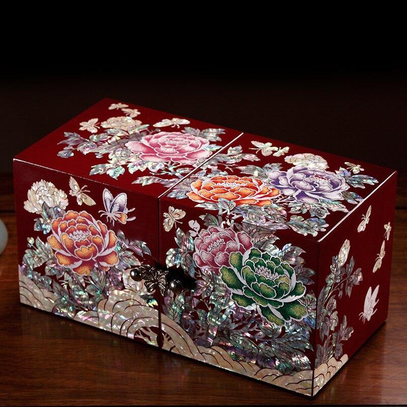 Handmade Abalone Shell Mosaic Jewelry Box Lacquer Ware Storage – Double Doors Butterflies Peony - Chinese style jewelry bo...