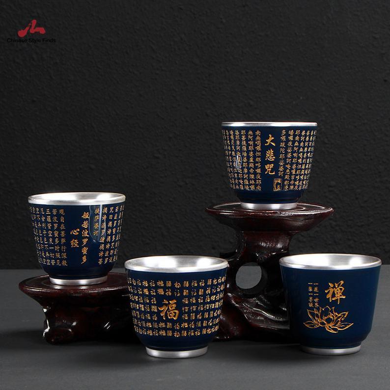 Chinese Tea Cup – Silver Rim Gold Calligraphy — blue coloring, silver rim, gold calligraphy