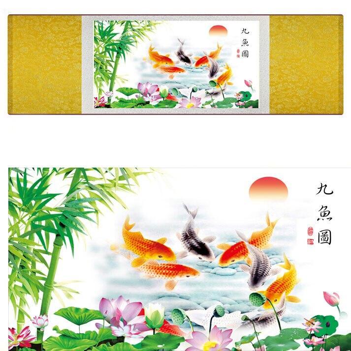 Fish Chinese Scroll Painting - Silk Wall Art - Lotus Flower Koi - view 2