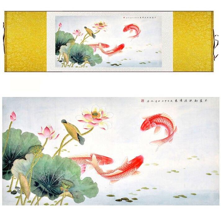 Fish and Flower Chinese Scroll Painting - Silk Wall Art - Koi Bird - view 2