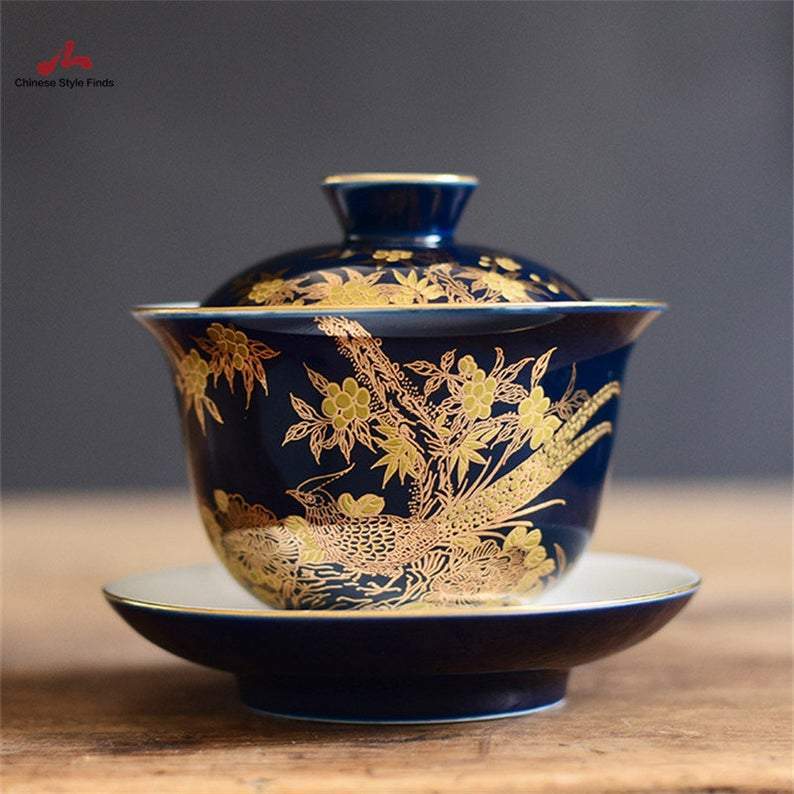 Blue Enamel Tea Cup 150ml Chinese Jingdezhen Ceramic Gaiwan Cup And Saucer For Kungfu Tea Set