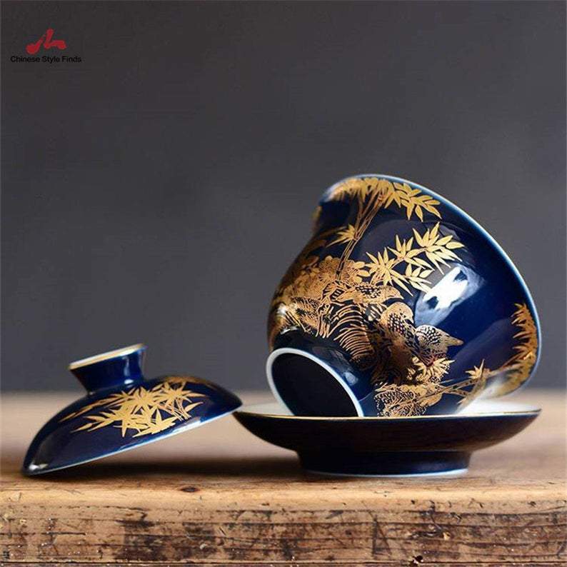 Blue Enamel Tea Cup 150ml Chinese Jingdezhen Ceramic Gaiwan Cup And Saucer For Kungfu Tea Set