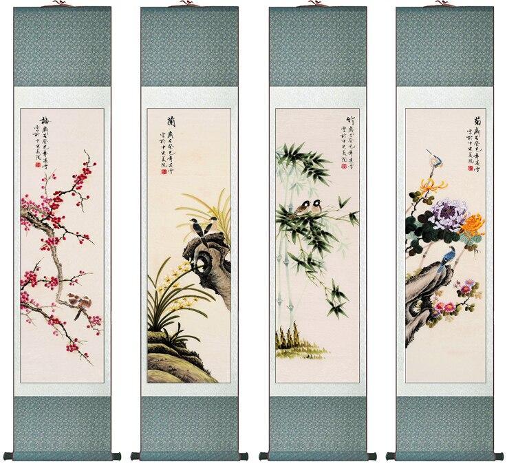 Chinese Scroll Painting 4pcs/lot flower painting silk scroll painting traditional flower painting Chinese flower picture In wash painting