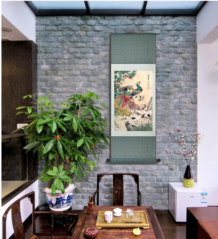 Chinese Scroll Painting A hundred birds are paying homage to a phoenix Chinese Art Painting Home Office Decoration Chinese painting