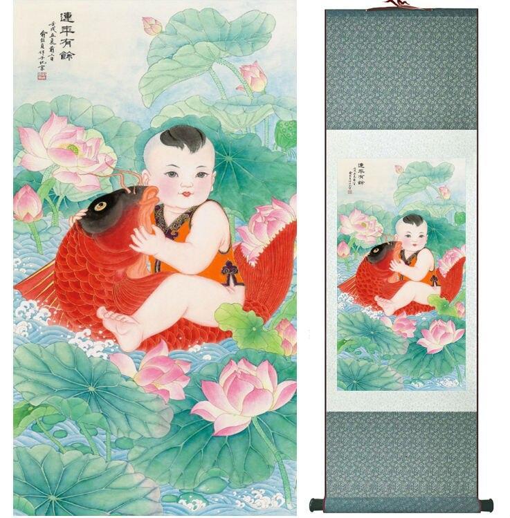 Chinese Scroll Painting Baby boy and fish painting home office decoration painting home painting