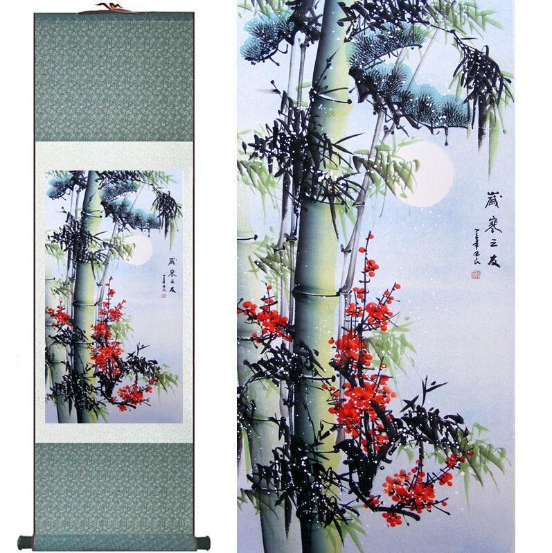 Chinese Scroll Painting Bamboo Painting Home Office Decoration Chinese scroll painting pine trees, bamboo and yellow plum painting