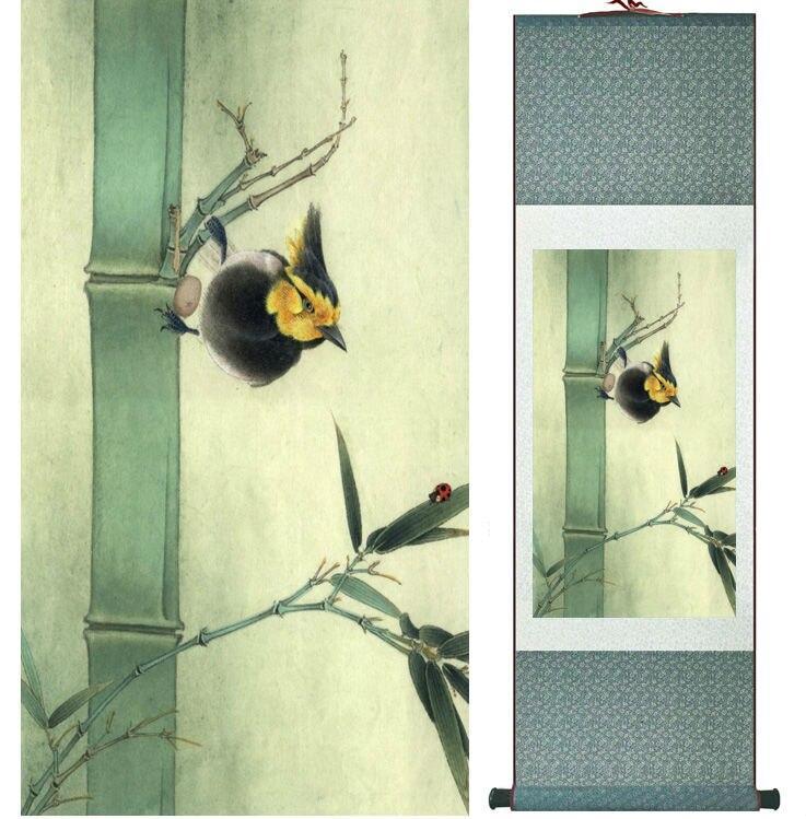 Chinese Scroll Painting Bamboo and Birds painting Chinese wash painting home office decoration painting