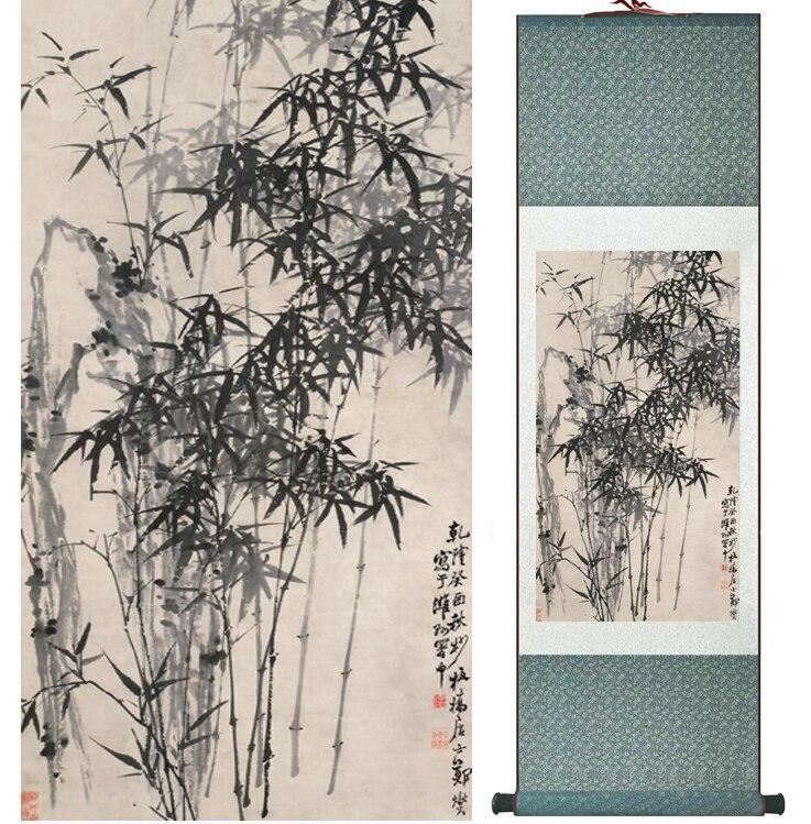 Chinese Scroll Painting Bamboo painting Chiense characters and Flower painting Home Office Decoration Chinese scroll painting