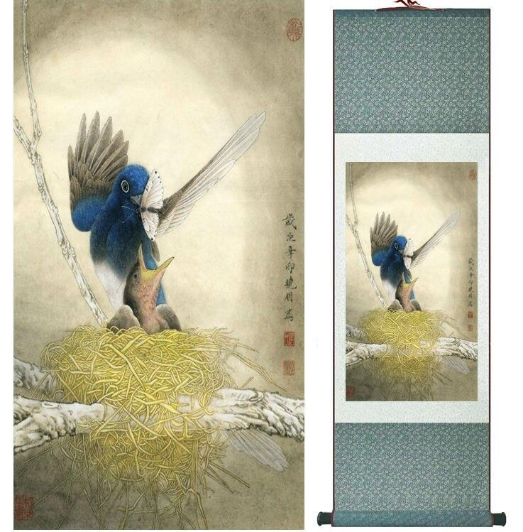Chinese Scroll Painting Bird mother and baby painting Chinese wash painting home decoration painting Chinese traditional art painting